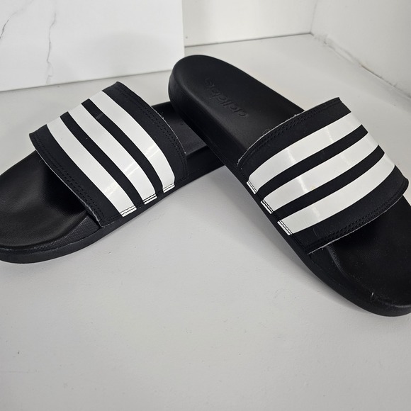 Adidas Adilette Comfort Slides Black White Three Stripe Logo Women US 7 Swim - Picture 5 of 10